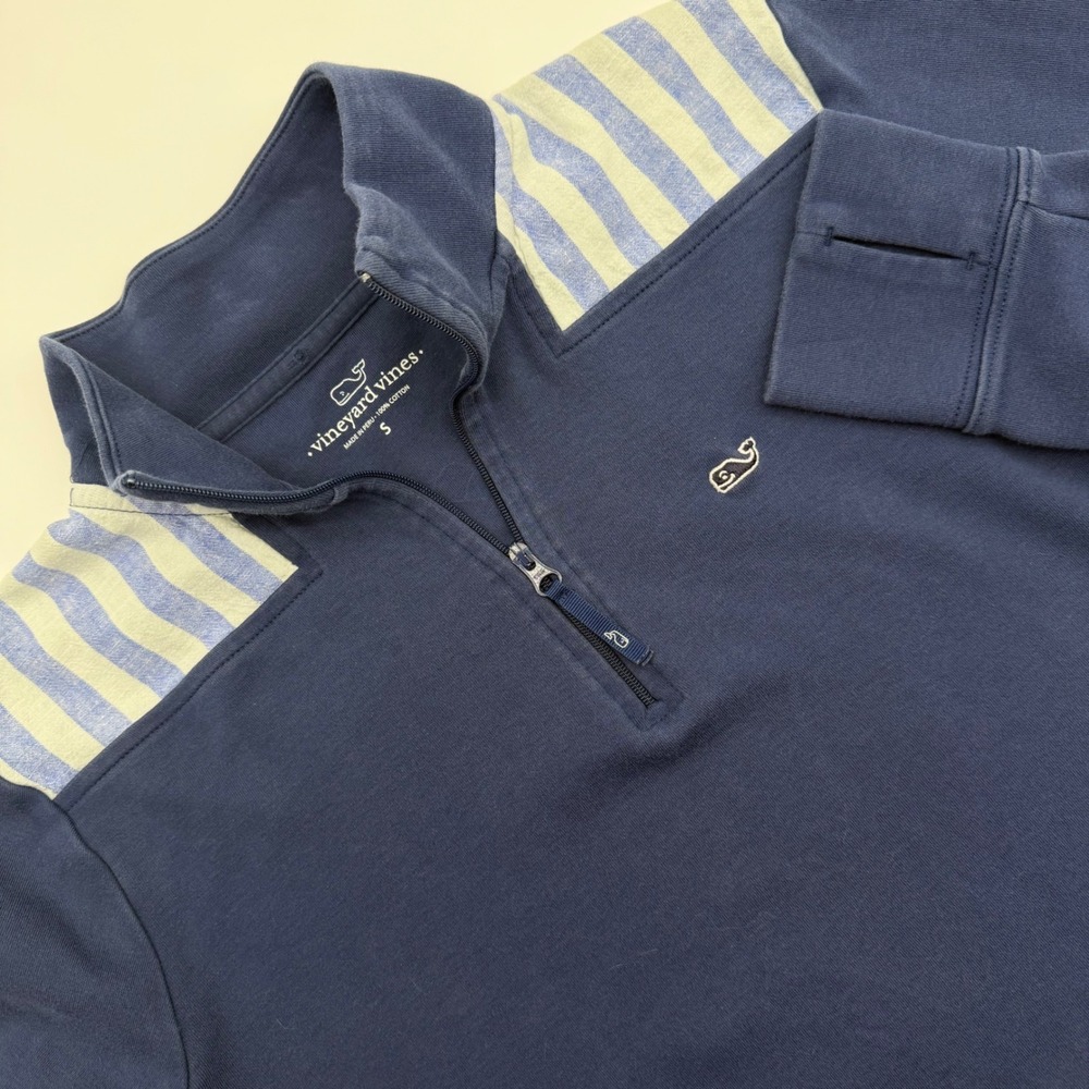 Vineyard Vines Womens Navy Blue Striped Shoulder 1/4 Zip Sweatshirt Size S